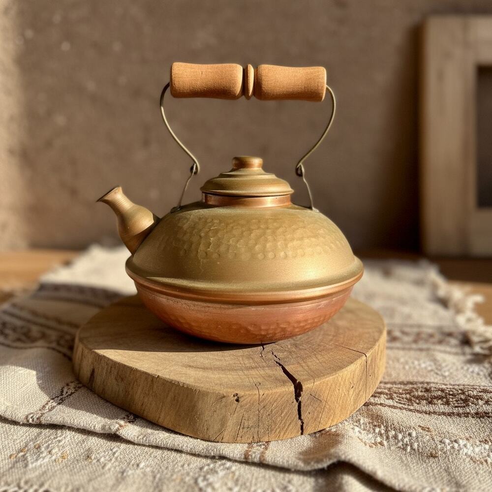 Vintage Hammered Copper Brass Kettle Teapot-Chile-Wood Handle-Rustic-Farmhouse
